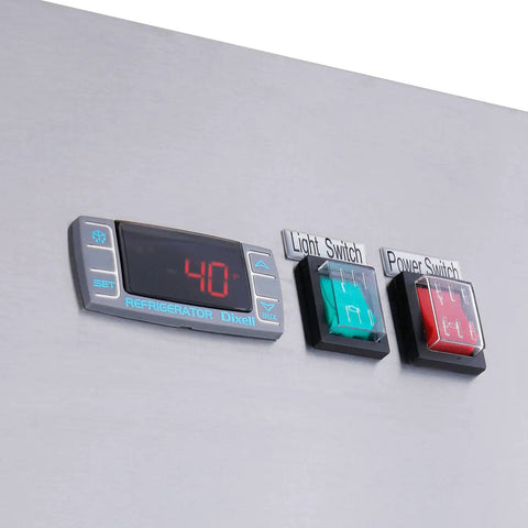 Digital thermostat and switches on Heavy Duty Commercial Reach In Freezer With Dual Glass Doors And Rock Solid Stainless Build.