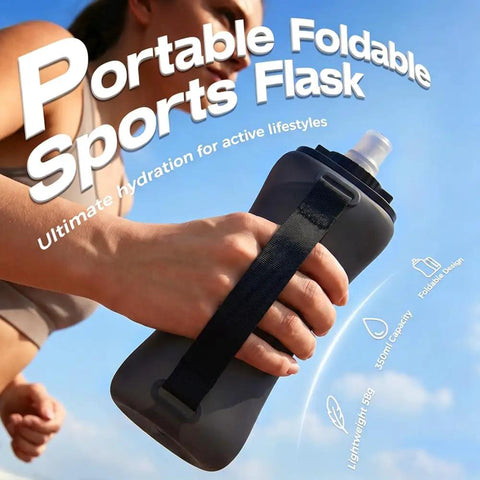 Runner holding Collapsible Silicone Handheld Water Bottle With Ergonomic Strap 350ml Blue Hydration Flask in clear sky