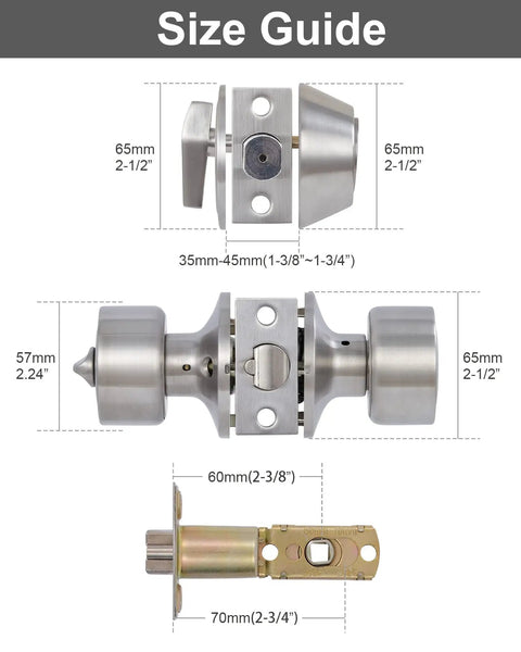 Size guide for Two Sets Keyed Alike Entry Door Knob And Deadbolt Lock Combo Set For Front Door With Satin Nickel Finish