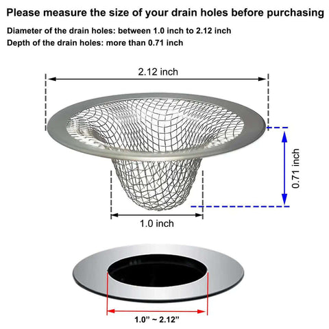 Two Pack 1.0 Inch Drain Strainer Mesh Basket For Sink Hair Catcher Stainless Steel with dimensions diagram