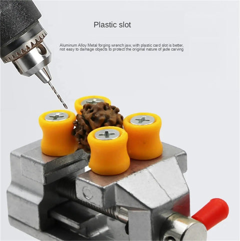 Mini Sucker Vise Two Pack For Drill Press And Workbench Handy Diy Carving Vise holding small part with drill bit in action