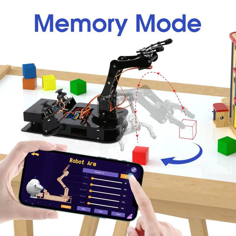 Front view of ACEBOTT 4-DOF ESP32 robotic arm kit with black base, wired servos, and smartphone app control.
