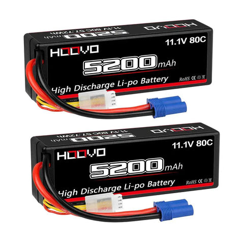 Two Beefy 3S 11.1V 80C 5200mAh RC LiPo Batteries with Durable Hard Case and EC5 Connector for RC Cars and Drones