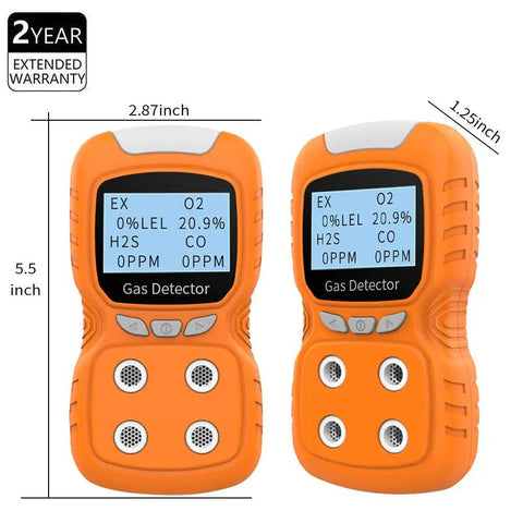 Ready To Use 4 Gas Detector With Electrochemical Sensors for LEL O2 CO H2S with LCD display showing gas levels and size dimensions