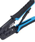 Ratcheting Crimping Tool Kit For Cat5 Ethernet With 8P And 6P Heads Easy Shear Blade Blue Black Finish Secure Cable Connections Pro Grade Pass Through shown from the side.