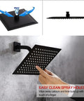 Matte Black 3 Handle Tub And Shower Faucet Set With Rainfall 8 Inch Shower Head Waterfall Tub Spout And Valve Trim Kit For Modern Bathroom Upgrade Featuring Touch Clean And Easy Calcium Removal showing easy clean spray holes on wall-mounted head.