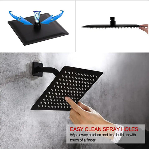 Matte Black 3 Handle Tub And Shower Faucet Set With Rainfall 8 Inch Shower Head Waterfall Tub Spout And Valve Trim Kit For Modern Bathroom Upgrade Featuring Touch Clean And Easy Calcium Removal showing easy clean spray holes on wall-mounted head.
