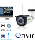 Outdoor WiFi 1080P Security Camera With Two Way Audio Motion Detection And Night Vision ONVIF IP Surveillance Cam shown with monitor and app icons.