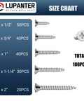 Diagram showing 180-Piece Stainless Steel Wood Screws Set With Flat Head And Phillips Drive Includes 6 x 1/2, 6 x 3/4, 6 x 1, 6 x 1-1/4, and 6 x 2 inch sizes for decks and furniture