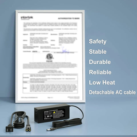 Beefed Up 60W Adjustable 24V Power Supply with LED Voltage Display, shown with AC cable and certification document.