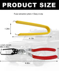 2-Piece Relay And Fuse Removal Tool Set with yellow fuse puller and red-handled relay pliers, size dimensions in inches.