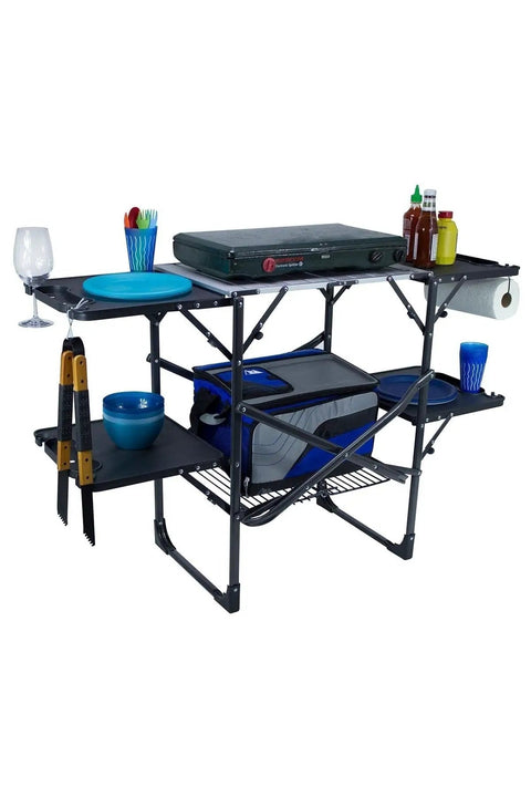 Slim Fold Cook Station Portable Folding Kitchen Table With Heat Resistant Top Four Side Tables And Storage Rack Ideal For Picnics Camping Tailgating And Outdoor Cooking On Campsites, steel frame, open set up, side view