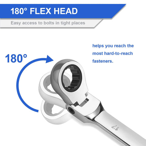 Flex Head Ratcheting Wrench Set 12 Piece Metric 8 To 19 mm Cr-V Combination Wrenches With 180-degree flex head shown