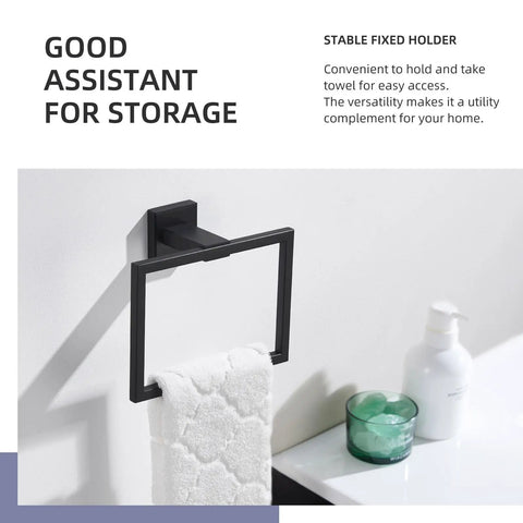 Matte Black Square Towel Holder Stainless Steel Wall Mount Rack For Bathroom, Minimalist Modern Design, Keeps Hand Towels Handy, 7.09 Inches with a towel hanging on it.