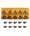 Pro Grade 20 Piece Carbide Threading Insert Set With 16Er And 16Ir Ag60 Geometry Built Solid For Nailing Stainless Steel Threads Right Hand Lathe Work Includes M3.5x10 Screws in yellow box with inserts and screws.