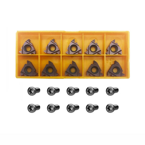 Pro Grade 20 Piece Carbide Threading Insert Set With 16Er And 16Ir Ag60 Geometry Built Solid For Nailing Stainless Steel Threads Right Hand Lathe Work Includes M3.5x10 Screws in yellow box with inserts and screws.