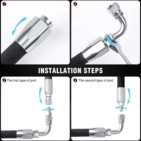 AKM three-piece 90° hydraulic hose repair kit; shows close-up hex nut, elbow fitting, and 1/4, 3/8, 1/2 in ID.