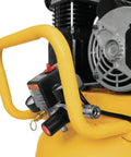 Close-up of Heavy Duty 25 Gallon Vertical Air Compressor With 2 Hp Oil Lube Belt Drive Motor control panel and handle.