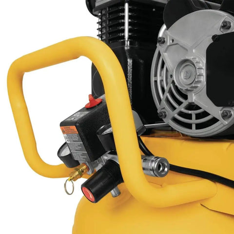 Close-up of Heavy Duty 25 Gallon Vertical Air Compressor With 2 Hp Oil Lube Belt Drive Motor control panel and handle.