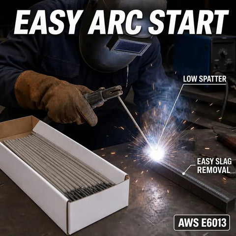 Welder using Heavy Duty E6013 Welding Rods 3/32 Inch Diameter By 14 Inches For Carbon Steel arc with detailed features.
