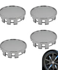 Slick 4 Pack 2.1 Inch 54 MM Wheel Center Hub Caps Snap On Plastic Steel Rim Covers showing four silver caps with snap-on design.