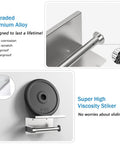 Close-up of Toilet Paper Holder With Phone Shelf, Self Adhesive Or Screw In Wall Mount, durable silver finish shown with weight test.