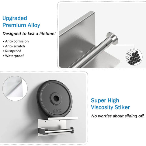 Close-up of Toilet Paper Holder With Phone Shelf, Self Adhesive Or Screw In Wall Mount, durable silver finish shown with weight test.