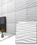 Wavy White PVC Wall Panels Pack Of 12, 19.7x19.7 Inches, Lightweight And Fire Resistant, covering living room wall.