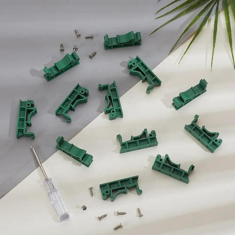 Heavy Duty 20 Pack C45 DIN Rail PCB Mounting Bracket Clips in green, screws and screwdriver included, suitable for 35mm or 15mm rails.
