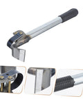 Silver finish woodworking bark scraper debarking tool hand spudger with close-ups of blade, handle, and assembly details.