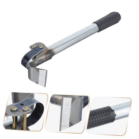 Silver finish woodworking bark scraper debarking tool hand spudger with close-ups of blade, handle, and assembly details.