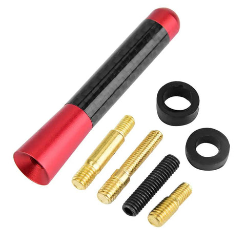 Premium Carbon Fiber Mounting Screw For Short Car Antenna Upgrade Built Tough Universal Auto Parts With Sleek Silver Finish And No Hassle Quick Installation with black carbon and red aluminum details.