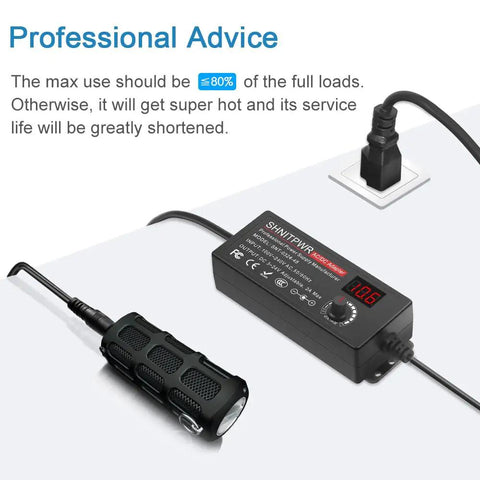 Universal AC to DC Power Adapter 3V to 24V, 2A 48W Dope Adjustable Switching Supply connected to a socket with digital display