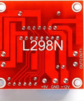 Back view of Two Pack L298N Motor Driver Controller Board Dual H Bridge Module for Arduino, Raspberry Pi, red circuit board, connectors