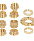 Beefed Up Brass Router Template Guide Bushing Kit With Lock Nut Adapter And Sturdy Bag For Knockout Dovetail Hinge Routing And No Sweat Woodworking Projects, featuring multiple brass rings and locking nuts.
