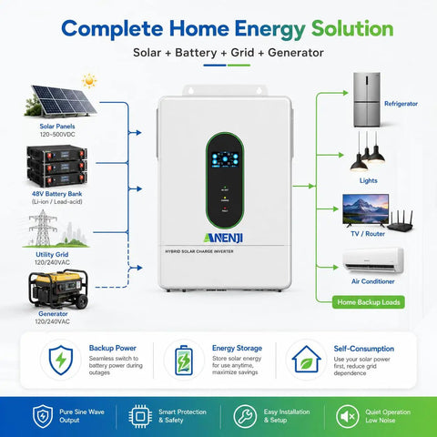 Rugged Heavy Duty 12000W Solar Hybrid Inverter that kicks serious power handling, display, and energy connections for home usage.