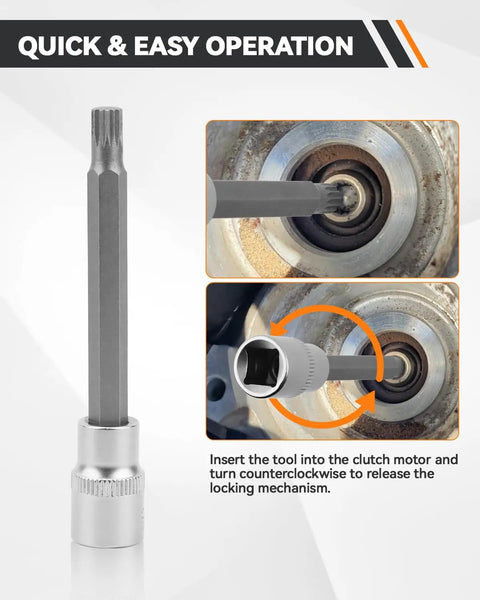 Quick operation of Ford DSG Gearbox Clutch Motor Unit Unlock Tool for Focus DPS6 and 6DCT250, showing 14-spline head insertion