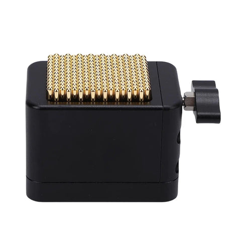 Side view of Universal Watch Movement Holder and Parts Clamp for Watchmakers and Hobbyists, black with gold clamp teeth.