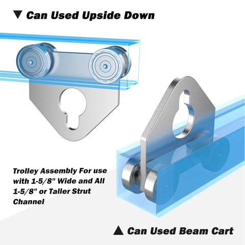 Four Wheel Trolley Assembly for 1.625 Inch Wide Strut Channel Posts Pack of 2 includes lifting eye nut, steel middle support