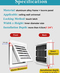 Tough As Nails Louvered Access Panel With Fresh Air Vents And Easy Push Button Switch Removable Critter Shield For No Fuss 28X34 Inch, showing dimensions and locking method.