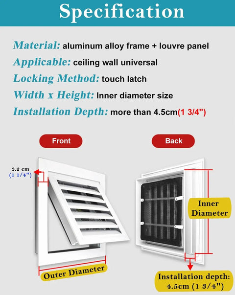 Tough As Nails Louvered Access Panel With Fresh Air Vents And Easy Push Button Switch Removable Critter Shield For No Fuss 28X34 Inch, showing dimensions and locking method.