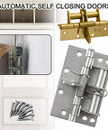 Two Pack 4 Inch Automatic Door Hinges Self Closing Heavy Duty Spring Hinges With 90 Degree Positioning Brushed Silver Finish Iron Construction And Built In Door Stopper For Home Office shown installed on a door.
