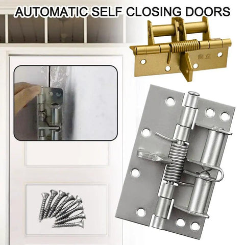 Two Pack 4 Inch Automatic Door Hinges Self Closing Heavy Duty Spring Hinges With 90 Degree Positioning Brushed Silver Finish Iron Construction And Built In Door Stopper For Home Office shown installed on a door.