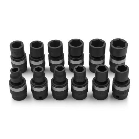 Tough 12 Piece Three Eighths Inch Drive Metric Swivel Impact Socket Set With Holder For Heavy Duty Auto Repairs, Six Point Sockets