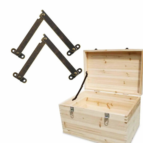 2 Pack Lid Lift Hinge With Damper For Jewelry Boxes And Cases Easy Install Vintage Style Flap Stay Support, shown with open wooden box