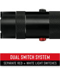 Dual Color LED Flashlight With White And Red Beams 315 Lumen Output Bullseye Spot Beam Optic, black flashlight side view