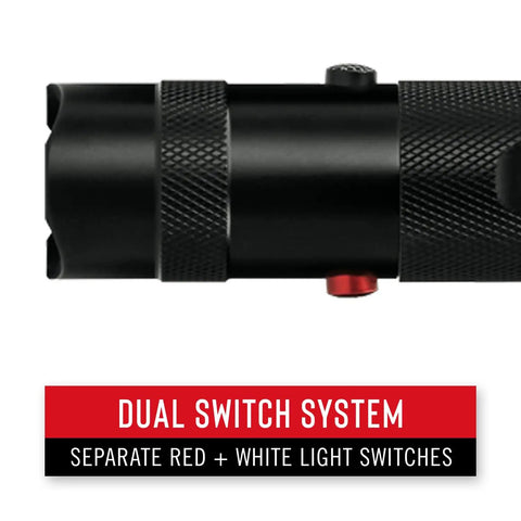 Dual Color LED Flashlight With White And Red Beams 315 Lumen Output Bullseye Spot Beam Optic, black flashlight side view