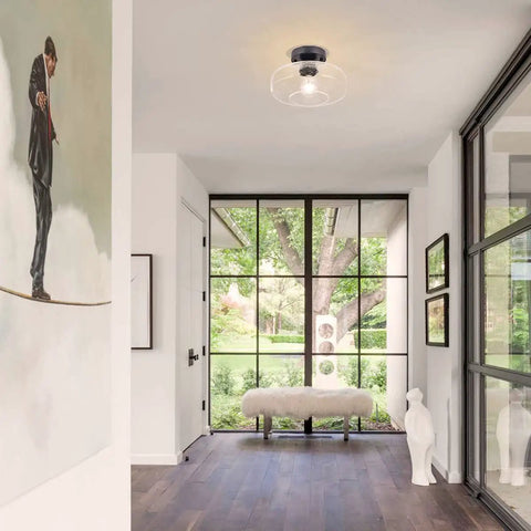 Seeded Glass Shade Flush Mount Ceiling Light With Matte Finish For Living Room Bedroom Cafe Bar Hallway Entryway Retro Timeless Design With Upgraded Canopy Lighting Fixture For Cozy Modern Vibe in a modern hallway.