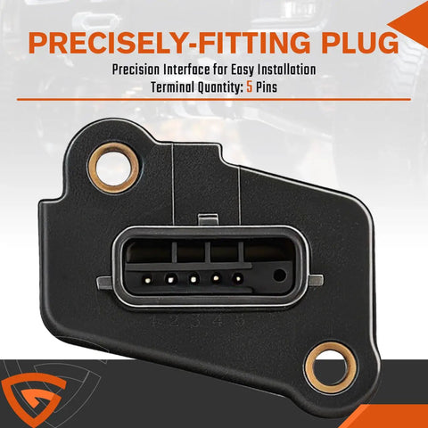 Heavy Duty Mass Air Flow Sensor Assembly Direct Swap For Nissan Altima Sentra Q50 Q70 QX60 With Zero Drama Install and Always Dead Sure Tight Seal Performance, close-up of 5-pin plug.
