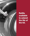 Truck Tire Deluxe Repair Kit With 30 Eight Inch Patches being used on a commercial truck tire; shows insertion tool in action.